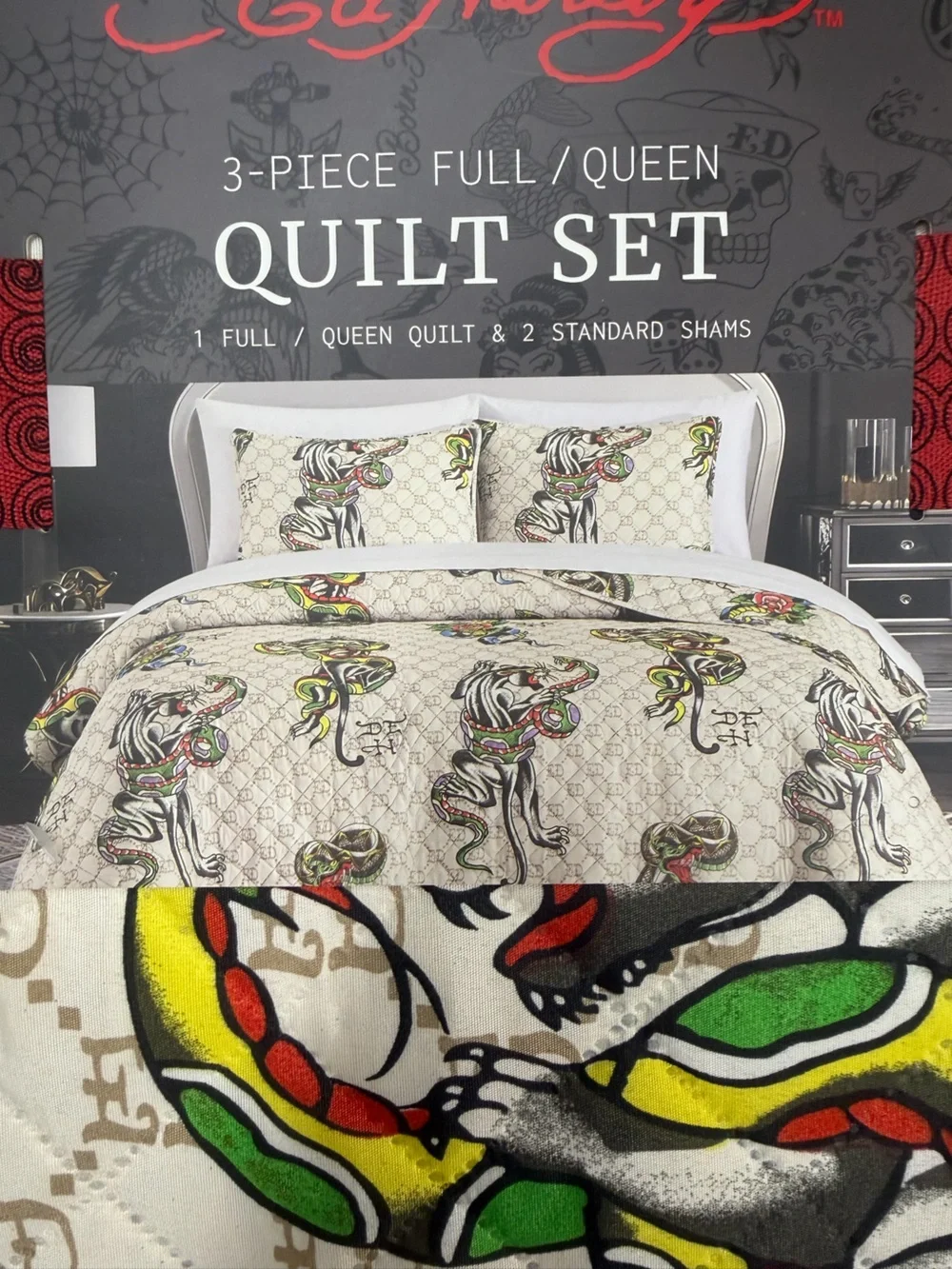 Ed Hardy Full / Queen Quilt Shams Set Bedding Panther Snake Accents ED Print NWT